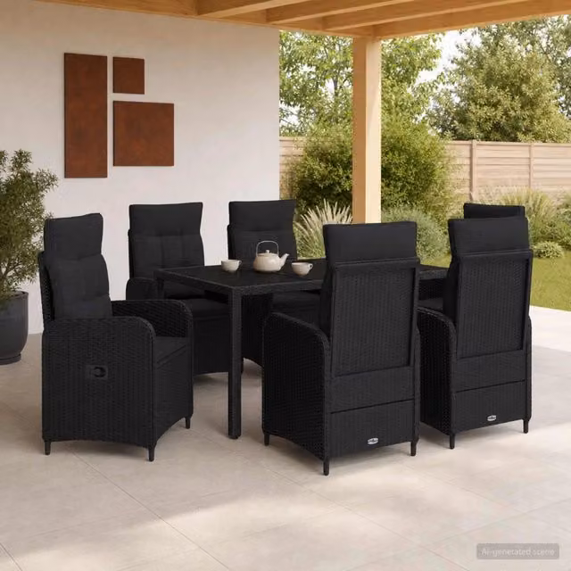 Set da pranzo per esterni vidaXL in polyrattan nero con tavolo in vetro, 7 pezzi