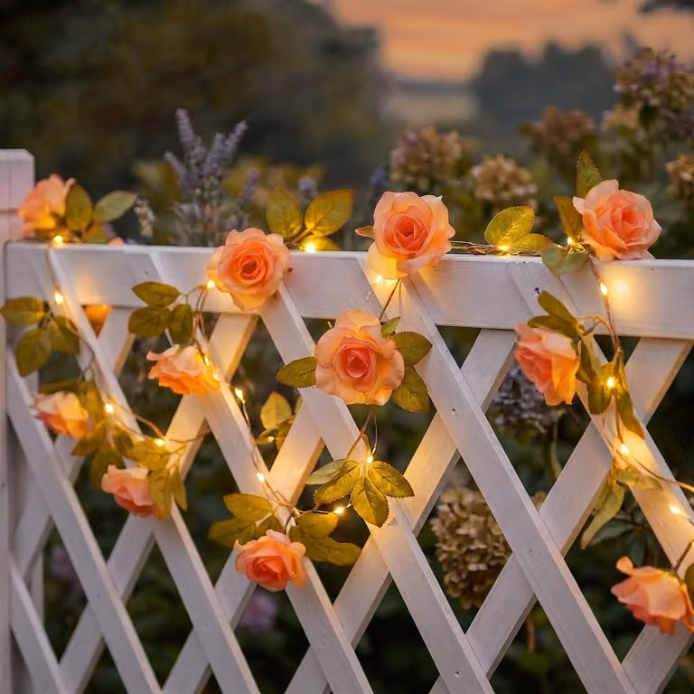 Catena luminosa a forma di rosa, lunghezza 2,2 metri, 40 LED, colore arancione-rosso, alimentazione a batteria
