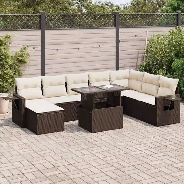 Set Divani da Giardino 9pz con Cuscini Marrone in Polyrattan 3326534