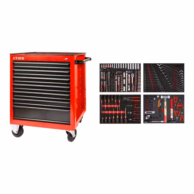 Carrello da officina STIER equipaggiato, 241 pezzi, set di chiavi a bussola 179 pezzi, set di cacciaviti e pinze 17 pezzi, set di chiavi a forchetta e doppie 27 pezzi, set di utensili 18 pezzi