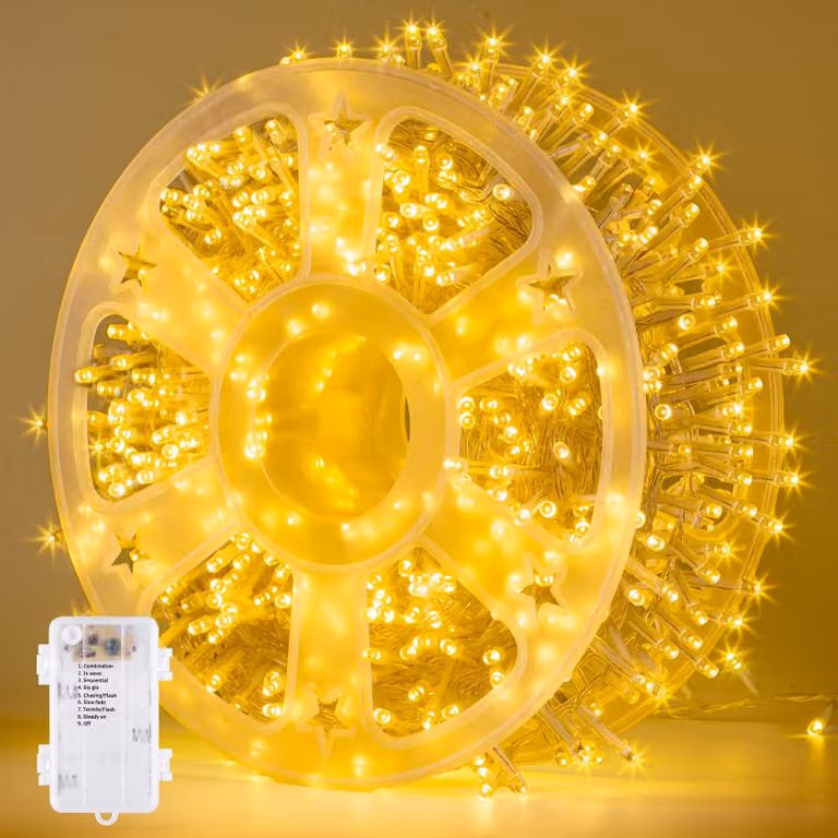 Catena luminosa con 1000 LED, alimentata a batteria, lunghezza 25 metri, luce bianco caldo, con timer, 8 modalità, grado di protezione IP44