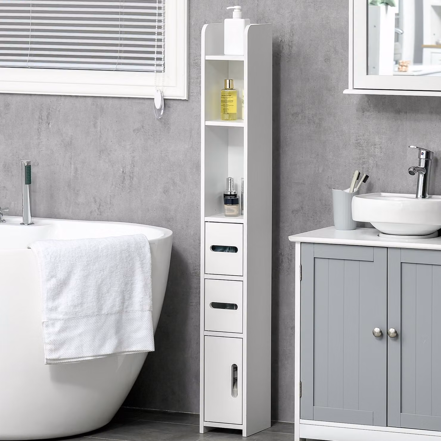 Colonna bagno salvaspazio kleankin con mensole e armadietti in legno, Bianco, L/P/H: 15 x 17 x 120 cm – 2