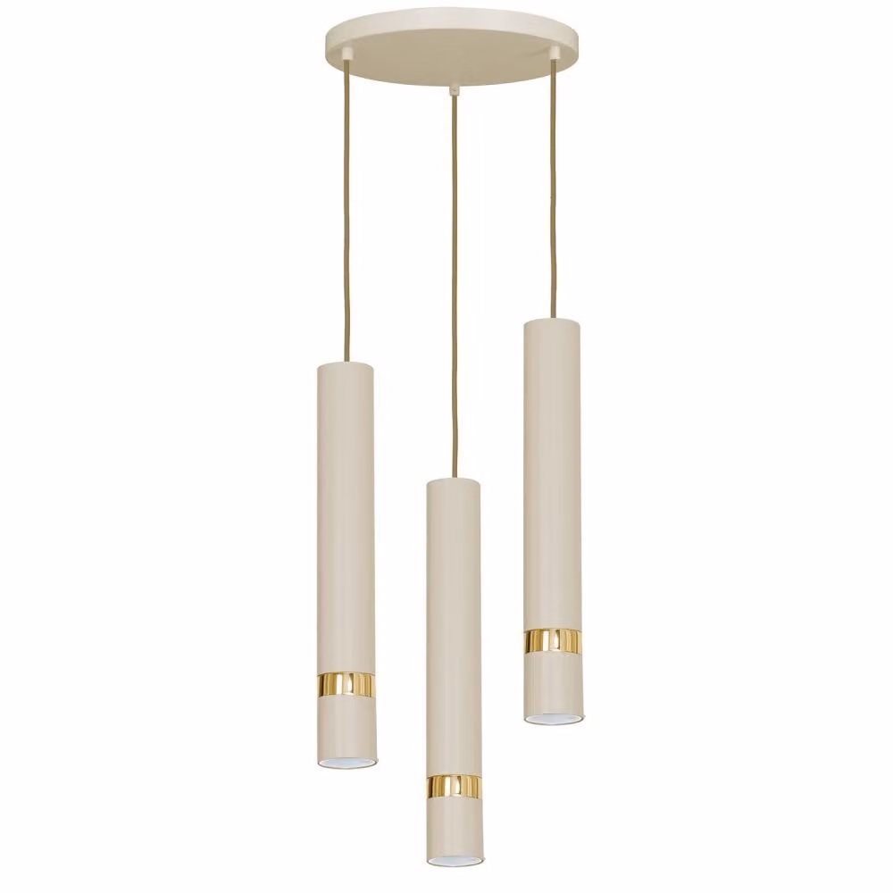Lampada a sospensione rotonda a 3 tubi color crema con elementi dorati Reno 3xGU10 15W Luminex