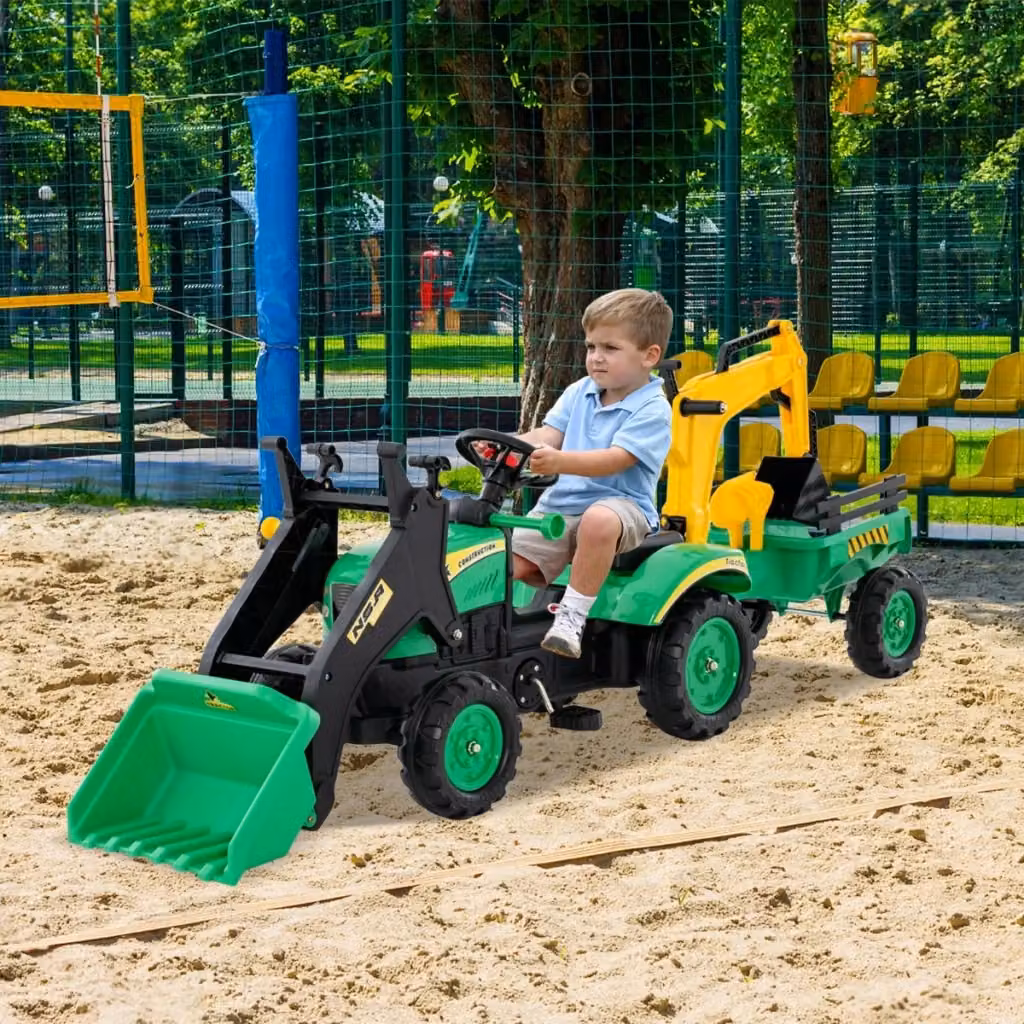 Escavatore a pedali per bambini con rimorchio staccabile e 2 benne, ruspa giocattolo verde per bambini dai 3 ai 6 anni – 2