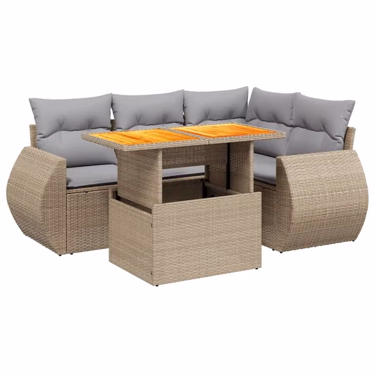 Set Divano da Giardino 5 pz con Cuscini Beige in Polyrattan