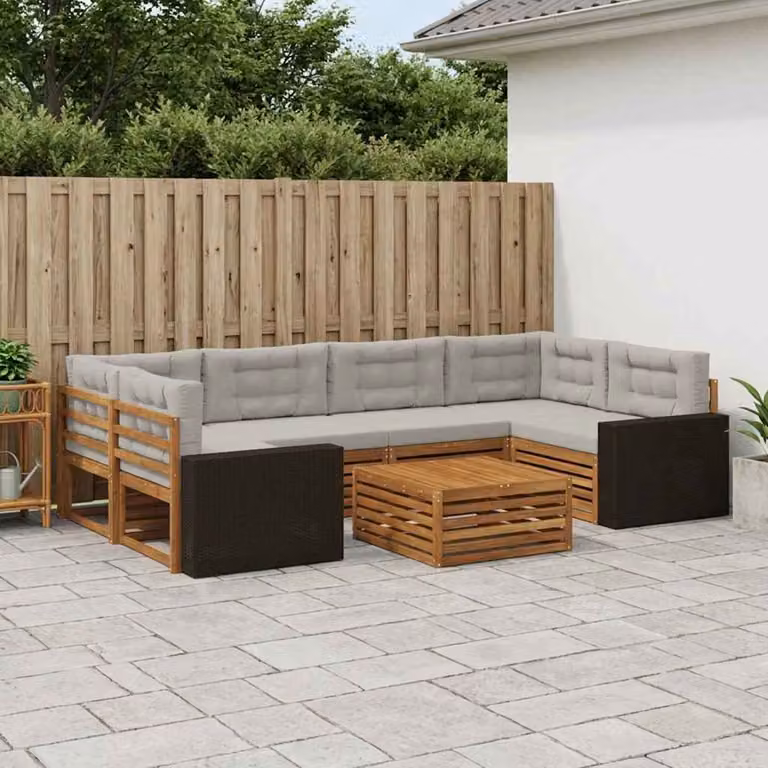 Set di divani da esterno moderno vidaXL in legno di acacia, 7 pezzi, Naturale e Grigio
