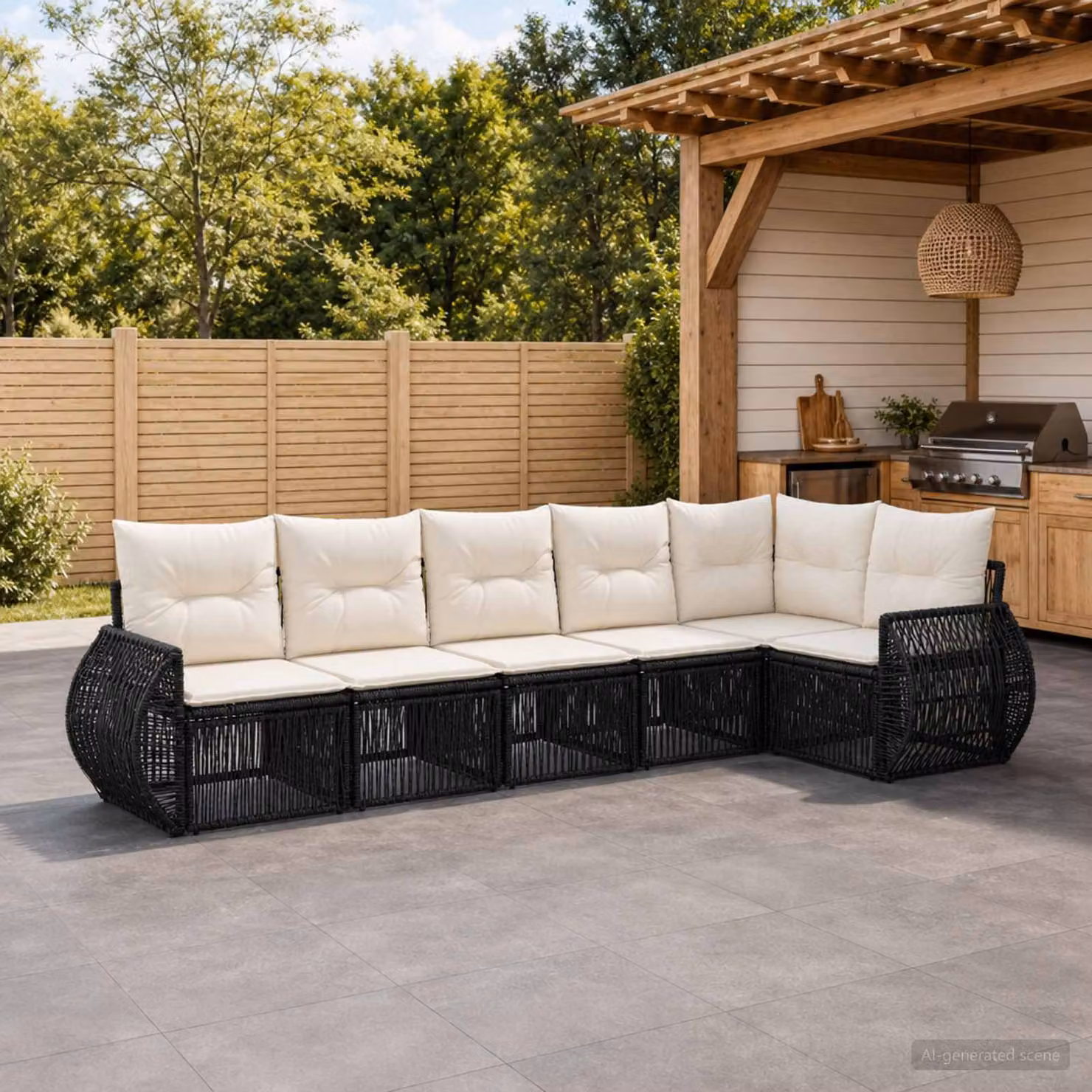 Set Divano da Giardino vidaXL 6 pz a Forma a L con Cuscini, Struttura in Metallo e Polyrattan, Colore Nero e Bianco Crema