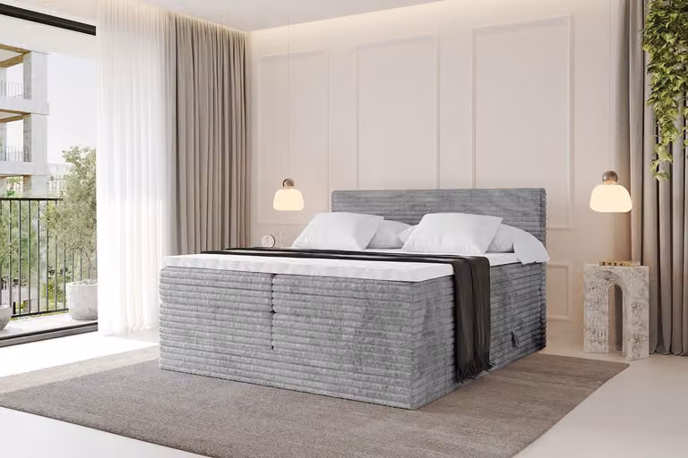 Letto boxspring ALTDECOR - TOLO-v1 KING 160x200 in velluto a coste - Grigio chiaro - Set completo con materassi H3 e H4 e topper, letto imbottito con cassetti, rete a doghe, letto con contenitore, letto matrimoniale, letto a cassettoni