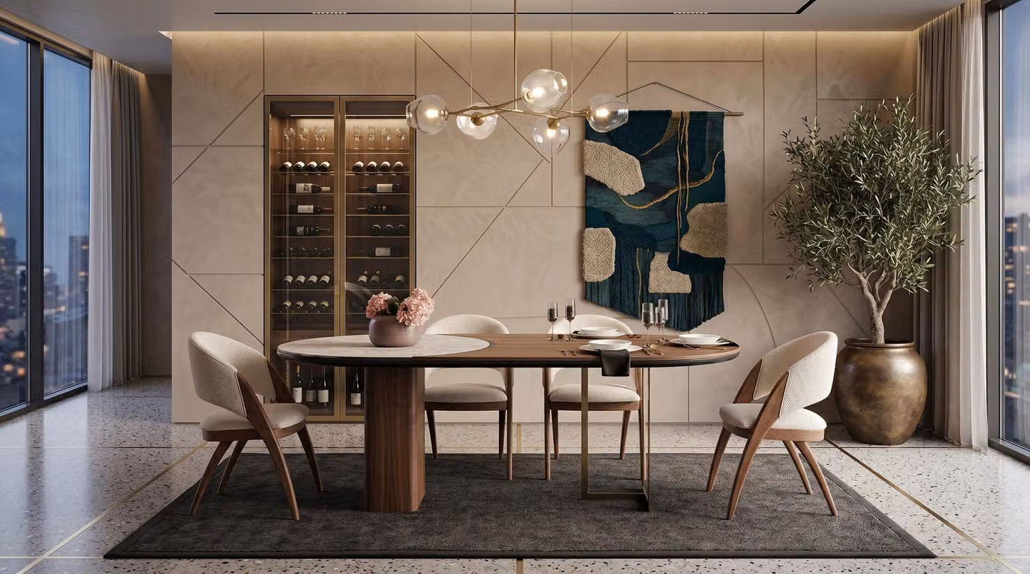 Set elegante per la sala da pranzo, composto da un tavolo e 4 sedie, con rivestimento in tessuto effetto morbido