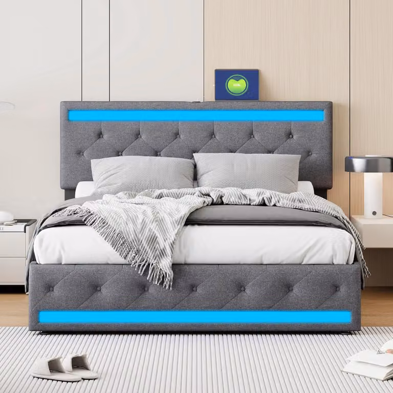 Letto imbottito con contenitore - Struttura del letto con spazio contenitore - 4 cassetti - 140 x 200 cm - Grigio scuro - Rivestito in tessuto di lino - Senza materasso