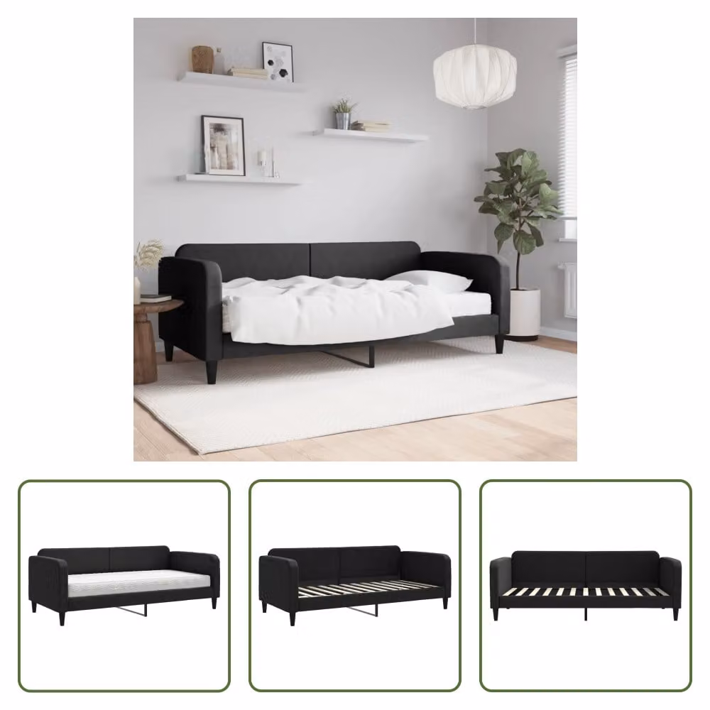 The Living Store Daybed con materasso nero 90x200 cm in tessuto