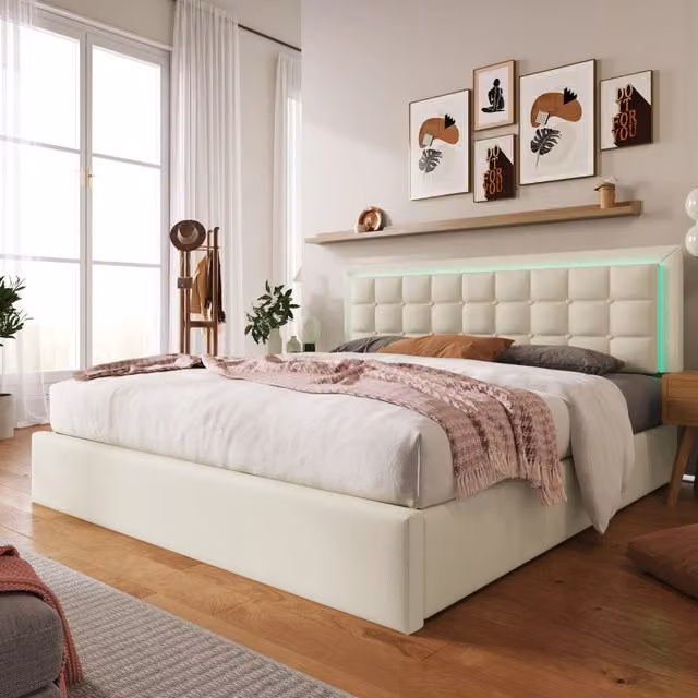 Letto contenitore 180x200 cm con LED e struttura in PU bianco