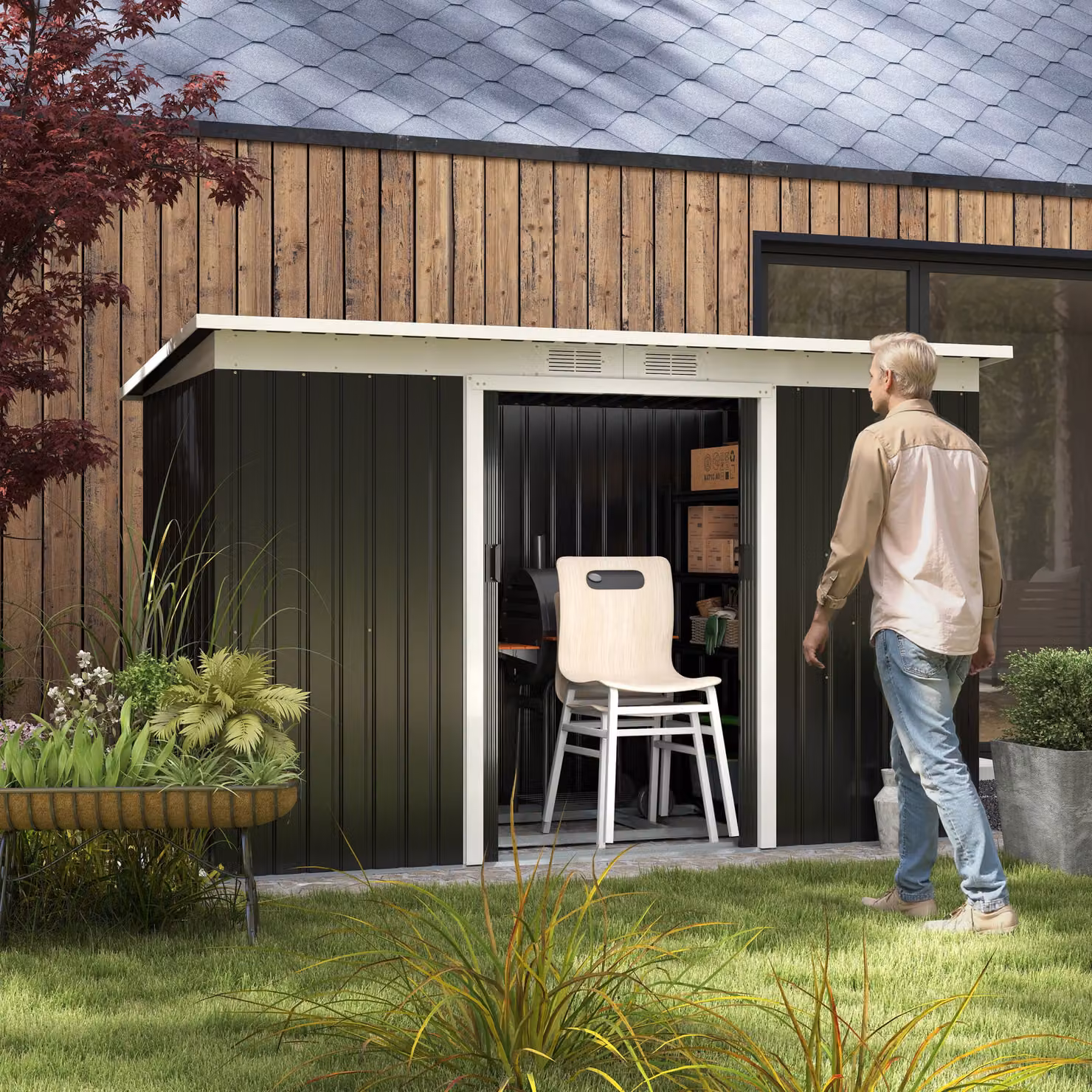 Casetta da giardino porta utensili Outsunny in acciaio zincato con porte scorrevoli e finestre, Grigio/Nero, L: 280 cm, P: 130 cm, H: 172 cm – 2