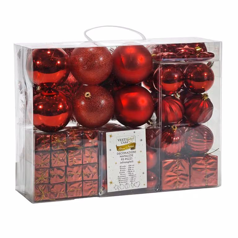 Set di 95 decorazioni natalizie Vestiamo Casa in plastica rossa con palline, stelle e cuori da appendere
