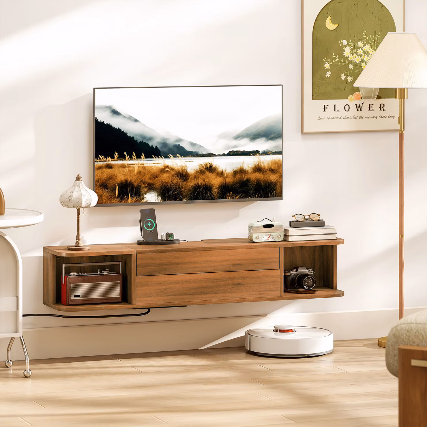 Mobile Porta TV Sospeso HOMCOM per TV fino a 50 pollici con Prese di Corrente, USB e Tipo C, Cassetto e Ripiani, Colore Noce, L 120 x P 24 x H 22,4 cm – 2
