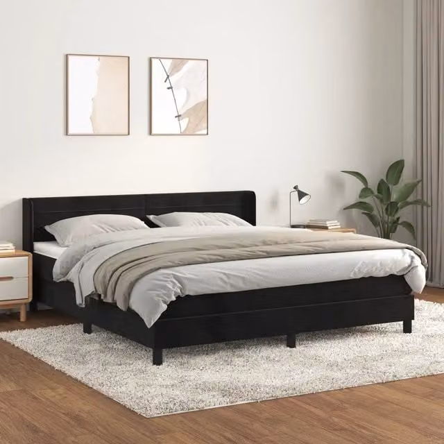 Letto Ibrido vidaXL con Giroletto a Molle e Materasso in Velluto Nero e Bianco L/P/H: 160 x 200 x 88 cm