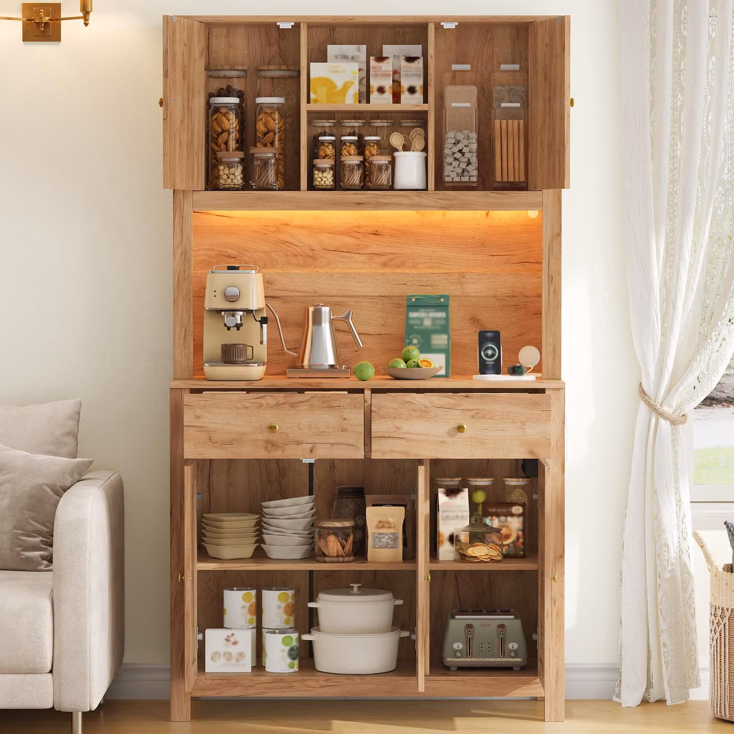 Mobiletto da cucina in MDF, dimensioni 100x40x180 cm, con 5 ante in rattan, 2 cassetti, illuminazione a LED e una striscia di prese elettriche, ideale per cucina, sala da pranzo e soggiorno