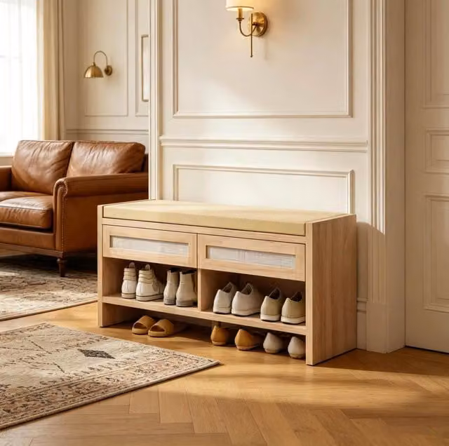 Panca porta scarpe MODFU con cuscino in tessuto e 2 cassetti in rattan PE, rovere chiaro, L/P/H: 108 x 35 x 50 cm