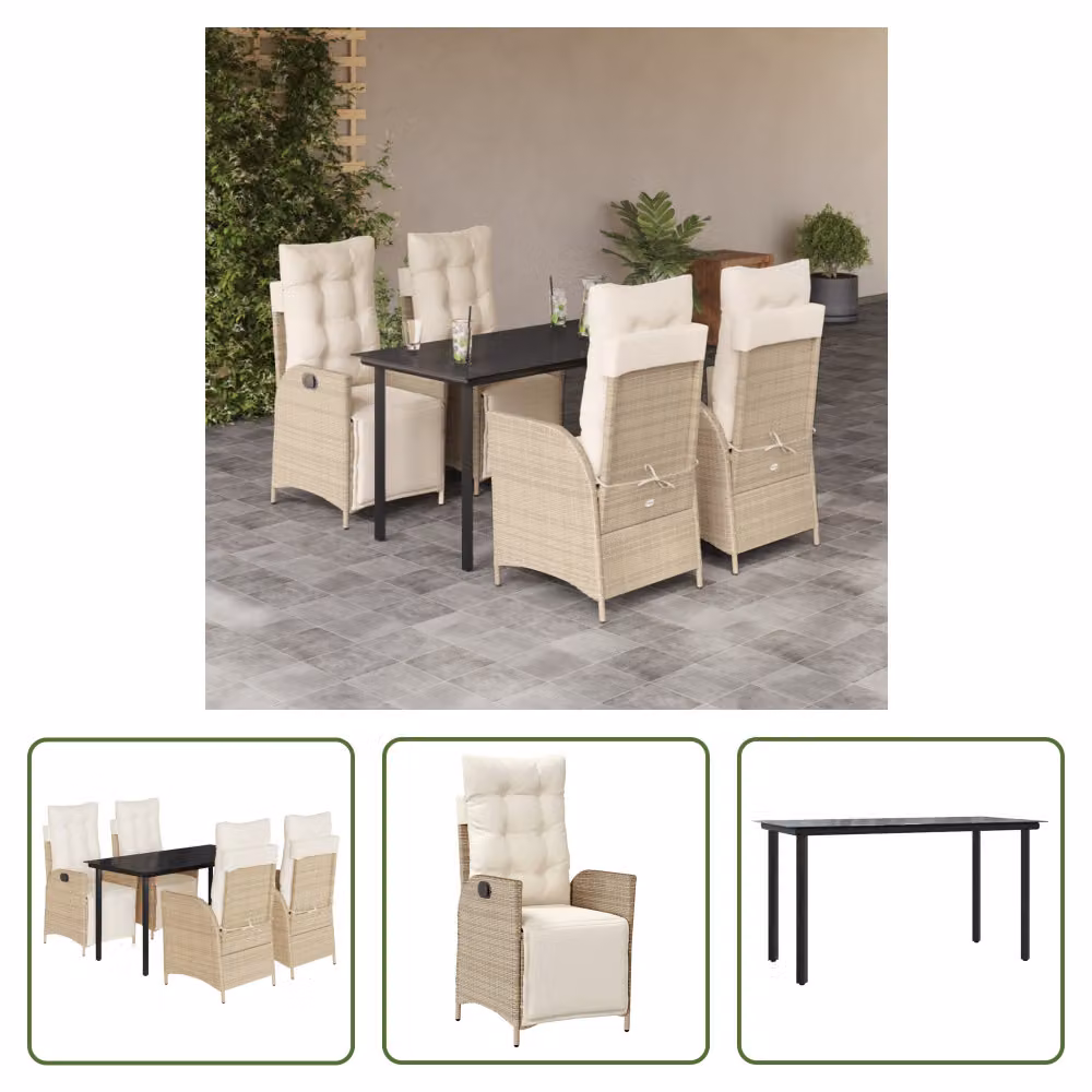 The Living Store Set da pranzo da giardino 5 pezzi con cuscini Beige poly rattan