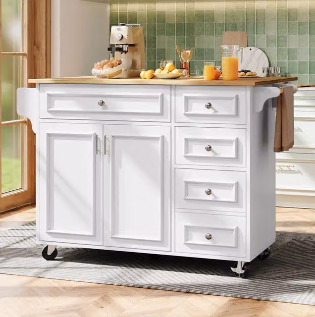 Isola da cucina 110x75x92 cm; con piano pieghevole; cassetti e ripiani; MDF bianco