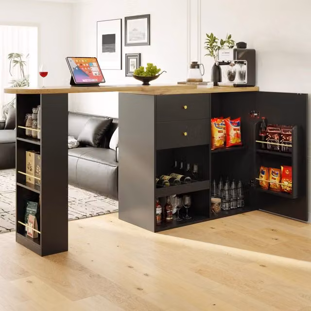 Mobile angolare girevole OKWISH con 4 cassetti e 3 ripiani aperti in MDF nero e dettagli in metallo oro per soggiorno, cucina o studio, L 105,0 cm x P 39,0 cm x H 102,0 cm