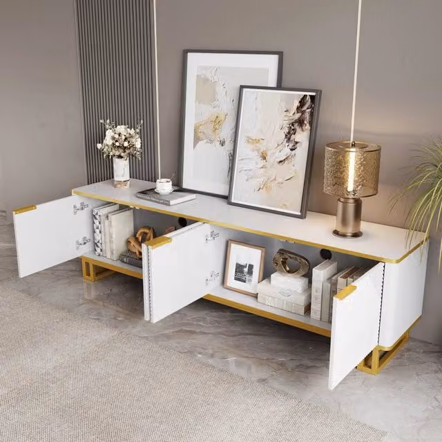 Mobile TV con 4 ante e vano aperto, passacavi, design geometrico bianco e oro per soggiorno, 160 × 37.5 × 48 cm
