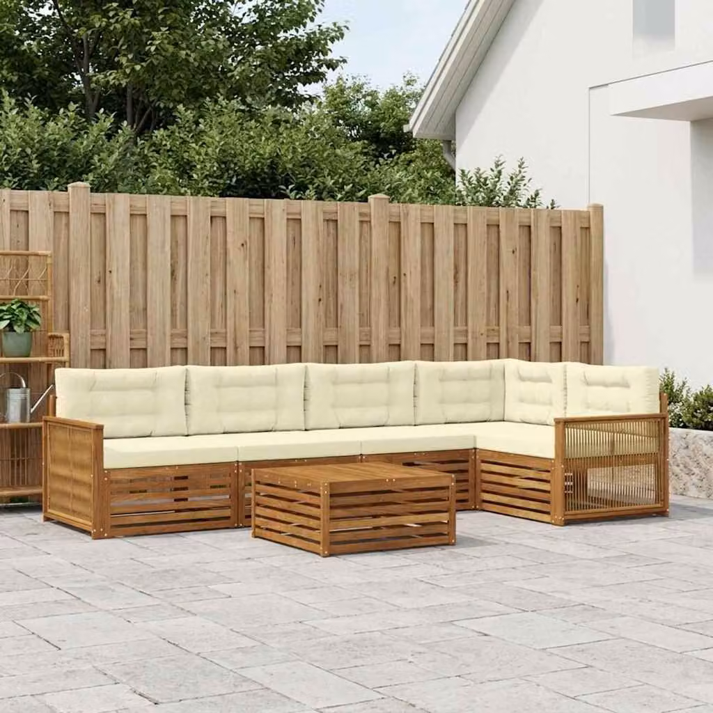 vidaXL Set di divani da esterno moderno a L in legno di acacia con cuscini, 6 pezzi, Beige, Bianco e Marrone