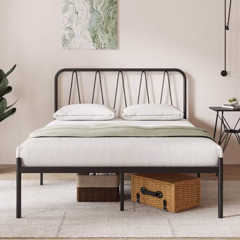 Letto a telaio in metallo, dimensioni 90x200 cm, con testiera, colore nero, rete a doghe in acciaio
