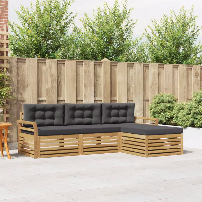 vidaXL Set di divani da esterno a L in legno di acacia con pouf, Bianco e Antracite