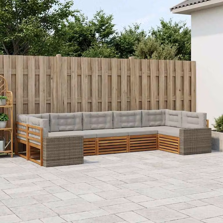 Set di divani da esterno a L vidaXL in legno di acacia con cuscini, 7 pezzi, Marrone e Grigio Chiaro
