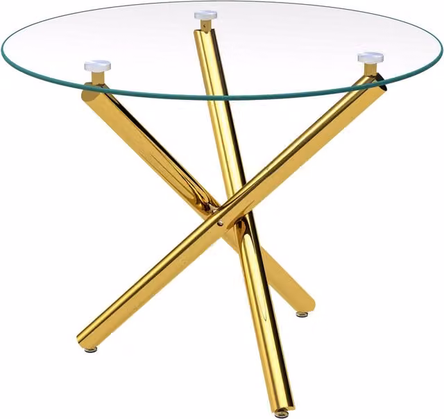 Tavolo da pranzo rotondo 80x80x76 cm con piano in vetro temperato e gambe metalliche color oro