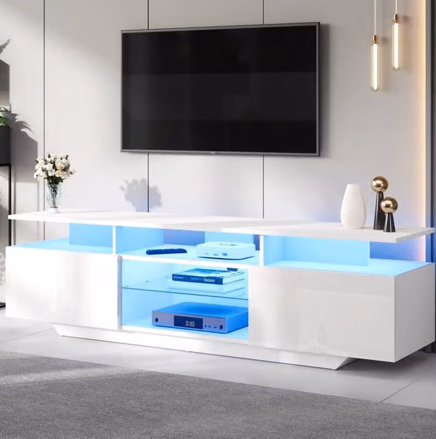 Mobile TV da 160 cm con LED controllato da app; 2 ante; vetro temperato; bianco