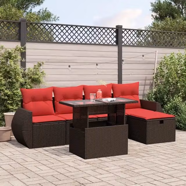 Set Divani da Giardino 6 pz con Cuscini Marrone in Polyrattan 3275134