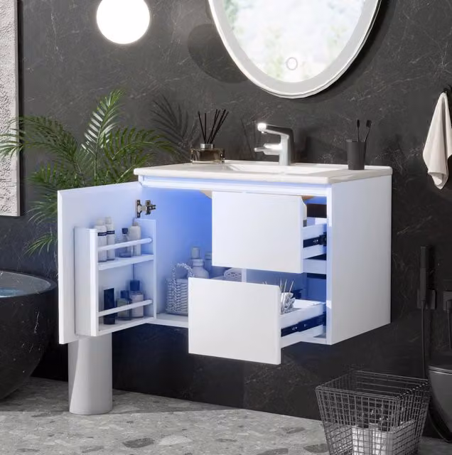 Mobile bagno sospeso ULEVR 76x46x50 cm con lavabo in ceramica, LED con sensore radar, bianco