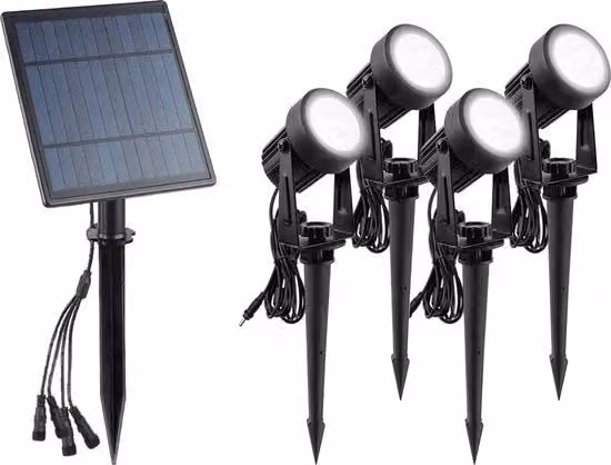 Set di 4 faretti LED solari per illuminazione esterna da giardino, luce fredda, colore nero, protezione IP65 con picchetto da terra