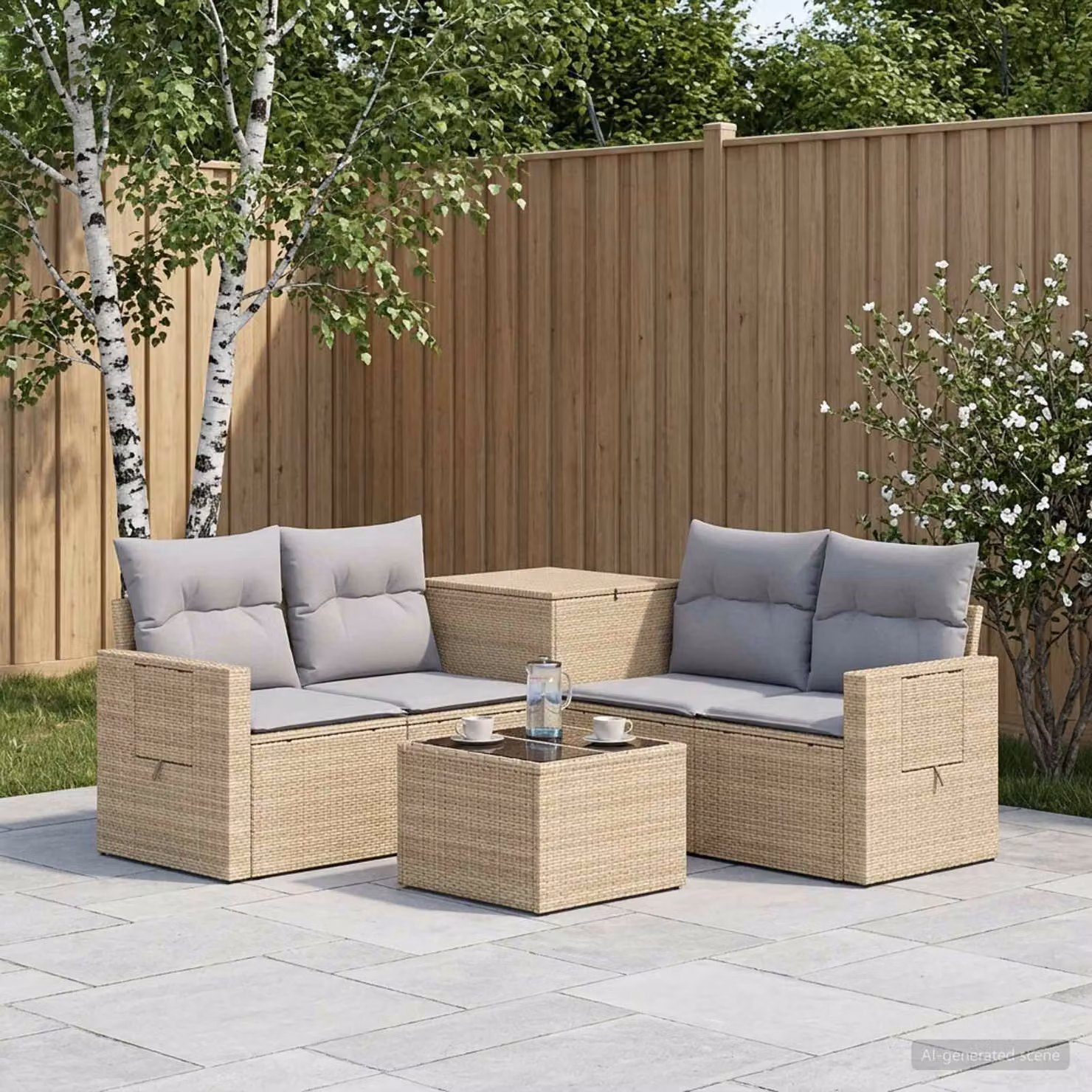 Set di divani da giardino vidaXL in polyrattan con tavolo da caffè, 6 pezzi, Beige e Grigio Chiaro