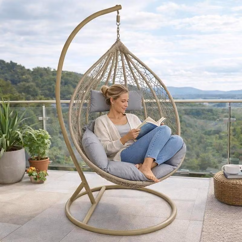 Sedia pensile con telaio Cesto pensile in polyrattan Sedia pensile in rattan Beige / Grigio