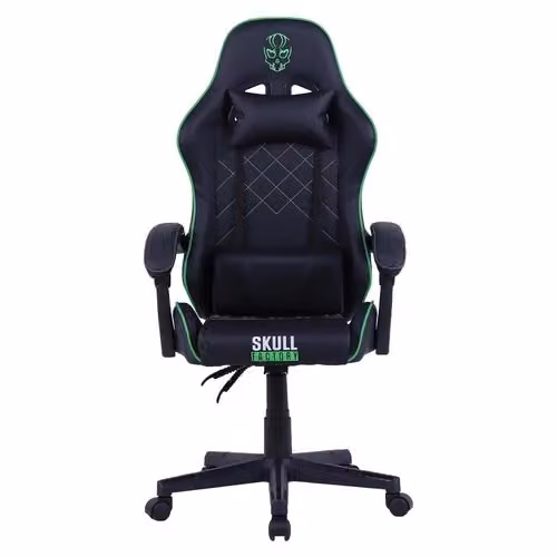 Sedia gaming Skull Factory SF ACC0112 in ecopelle nera e verde con braccioli e poggiatesta – 2