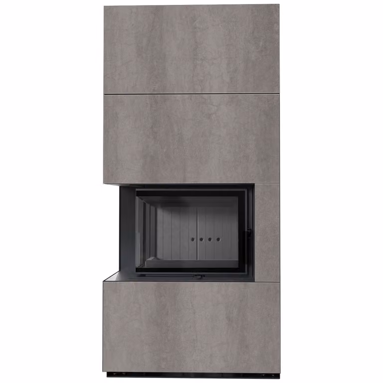 Kit camino KRATKI FLOKI BOX sinistro 8 kW Ø 160 quarzo sinterizzato NATURALI PIETRA DI SAVOIA GRIGIA BOCCIARDATA rivestimento nero
