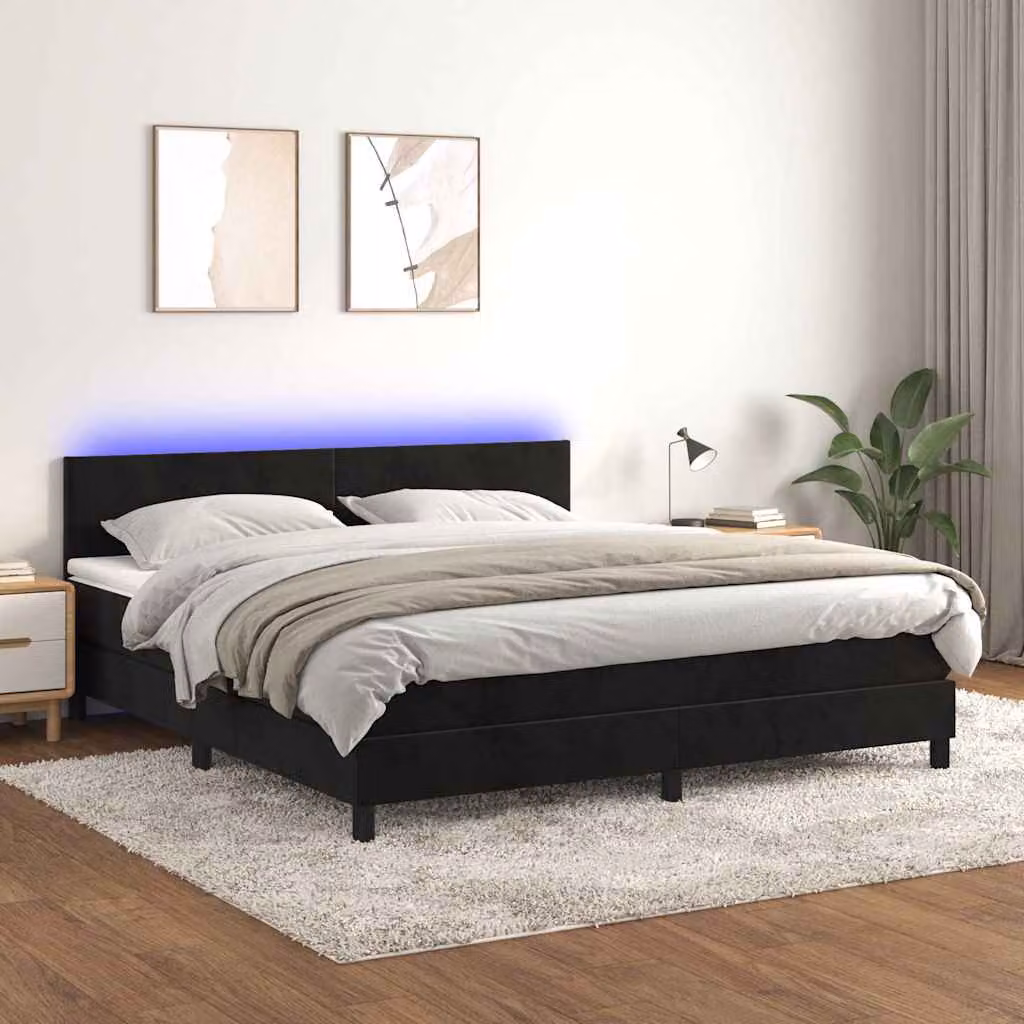 Letto a Molle con Materasso Ibrido vidaXL in Velluto Nero con Illuminazione LED e Porte USB L/P/H: 203 x 160 x 88 cm – 1