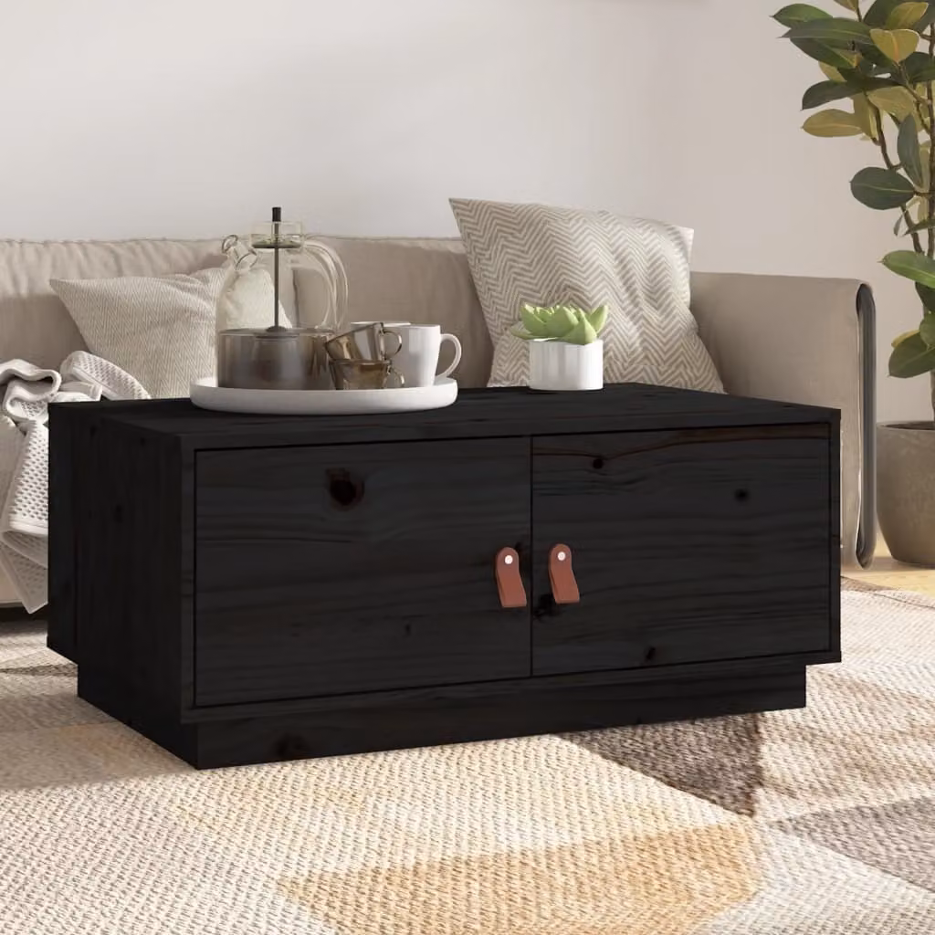 The Living Store tavolino nero 80x50x35 cm in legno di pino massiccio