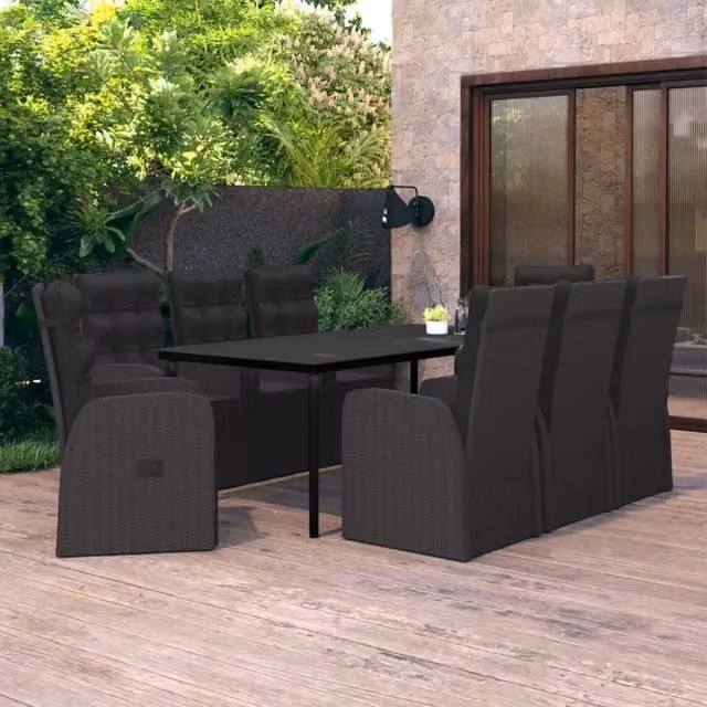 Set da pranzo da giardino vidaXL in polyrattan nero con cuscini e tavolo in vetro, 9 pezzi