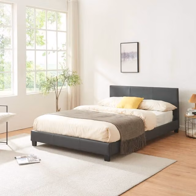 Letto Francese Corium con Testiera Alta e Rivestimento in Similpelle Grigio, L/P/H: 140 x 200 x 78 cm