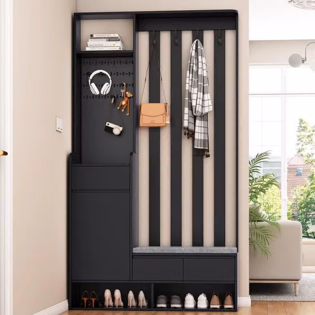 Armadio da ingresso REDOM con panca e ganci, nero opaco, H: 180 cm, L: 100 cm, P: 35 cm