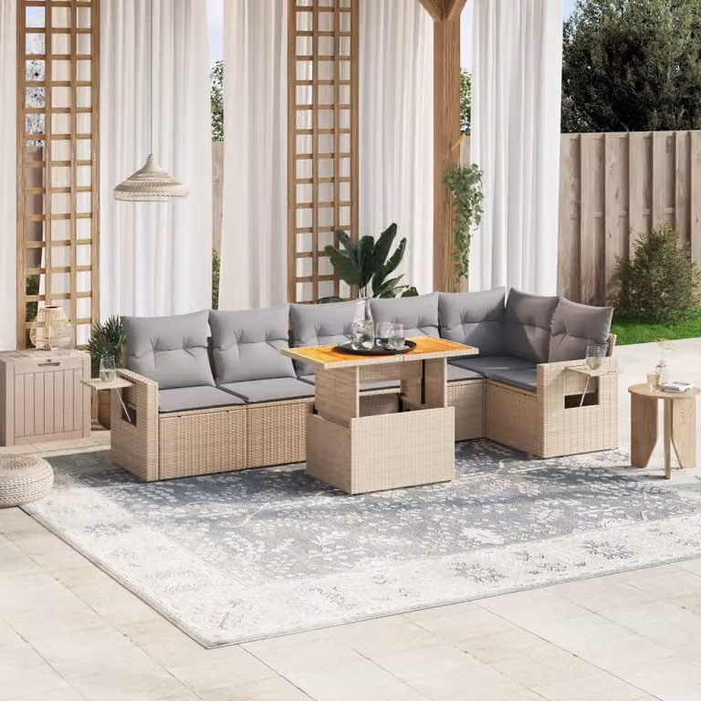 Set di divani da giardino vidaXL 7 pz in polyrattan beige con cuscini e tavolino da esterno a forma di L