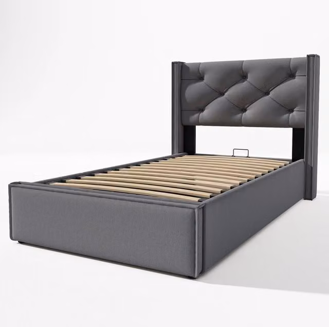 Letto Singolo Imbottito 90x200 cm con Rete a Doghe in Metallo e Spazio Contenitore, Grigio, Tessuto di Cotone