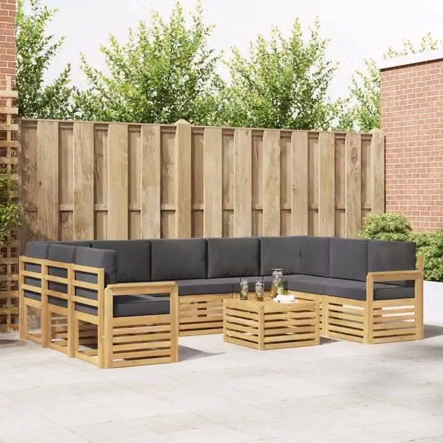 Set di divani da esterno a forma di U con tavolino da caffè vidaXL, struttura in legno di acacia e cuscini in poliestere bianco e antracite – 1