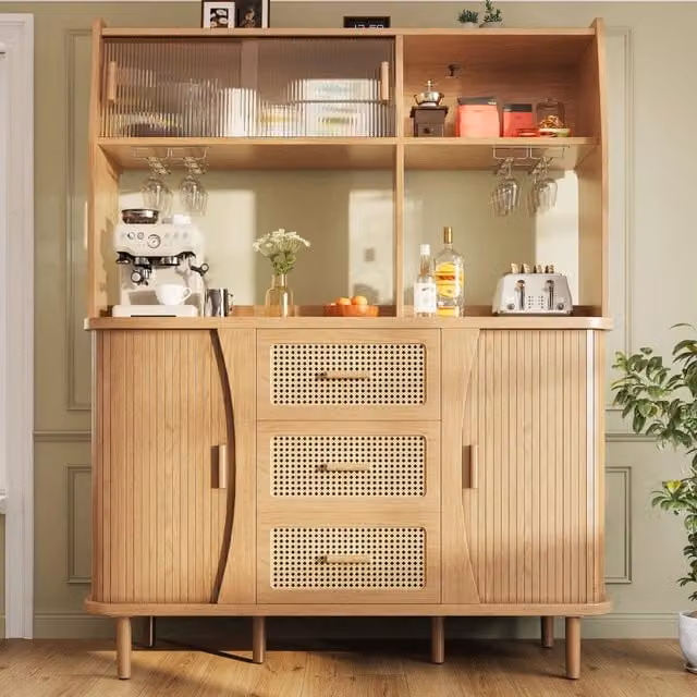 Mobile da cucina, credenza, finitura in vimini, 3 cassetti, ante scorrevoli in vetro, finitura effetto legno, colore legno naturale