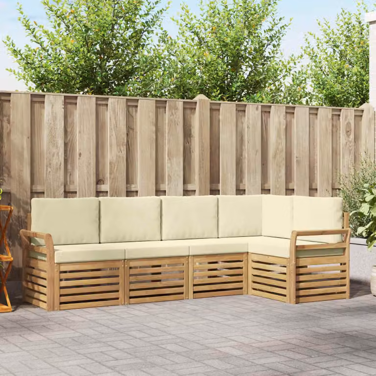 Set di divani da esterno vidaXL a forma di L composto da 5 pezzi in legno di acacia con cuscini bianchi e beige in poliestere resistente ai raggi UV