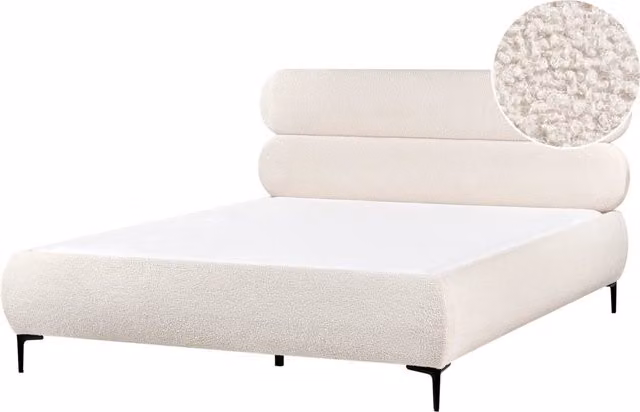 Letto con rete bouclé bianco panna 160 x 200 cm testata gambe in metallo nero camera da letto classica minimalista